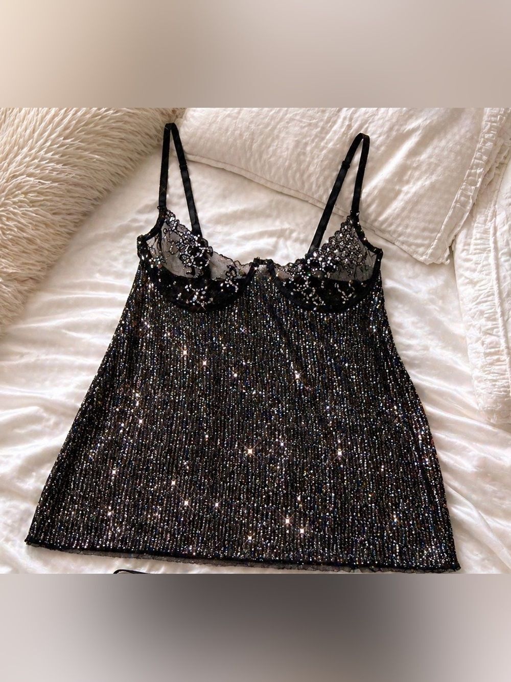 Vtg Dreamgirl Y2K Sheer Lace Mesh Chemise Top Black Striped USA Coquette 1X/2X